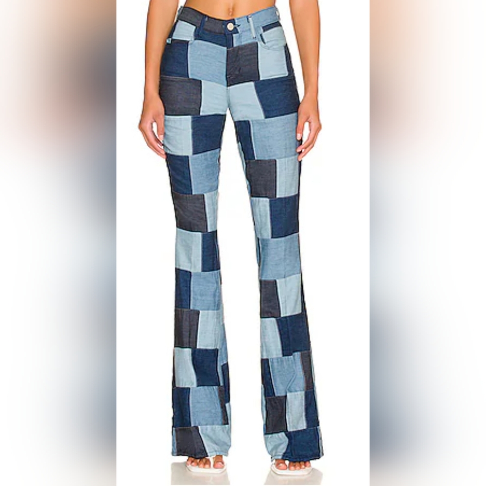 L'AGENCE Patchwork Flare Jeans in Light & Dark Blue